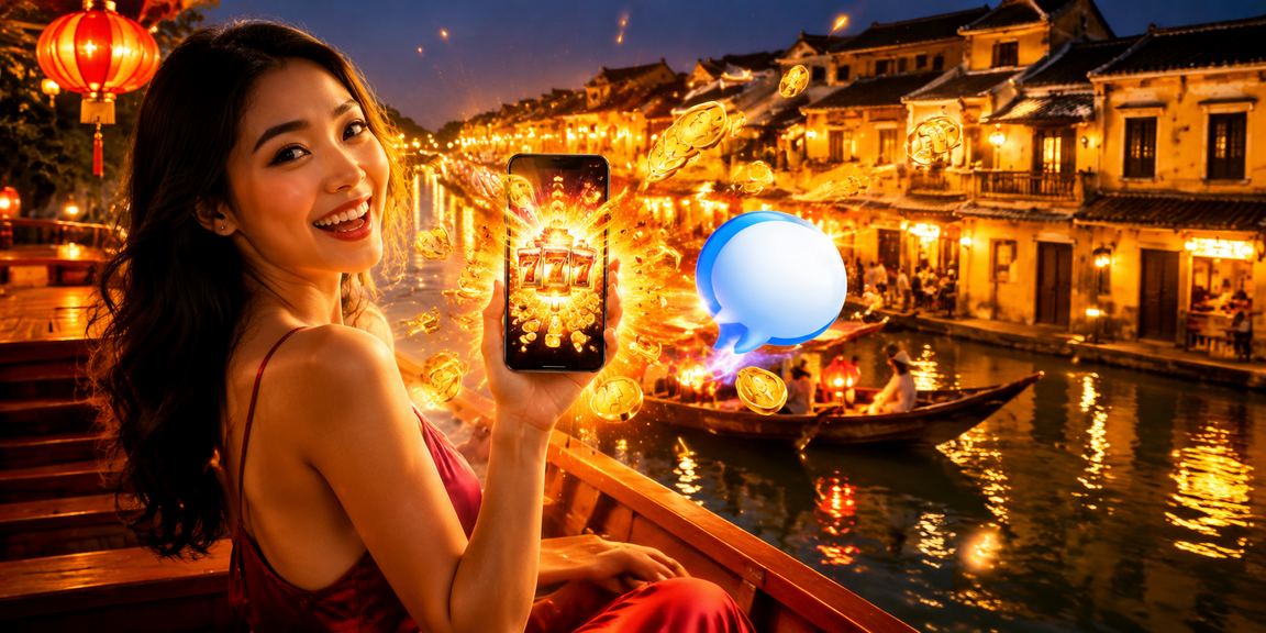 Người dùng tại Hội An trải nghiệm slot game trực tuyến trên điện thoại trong không khí phố cổ lung linh